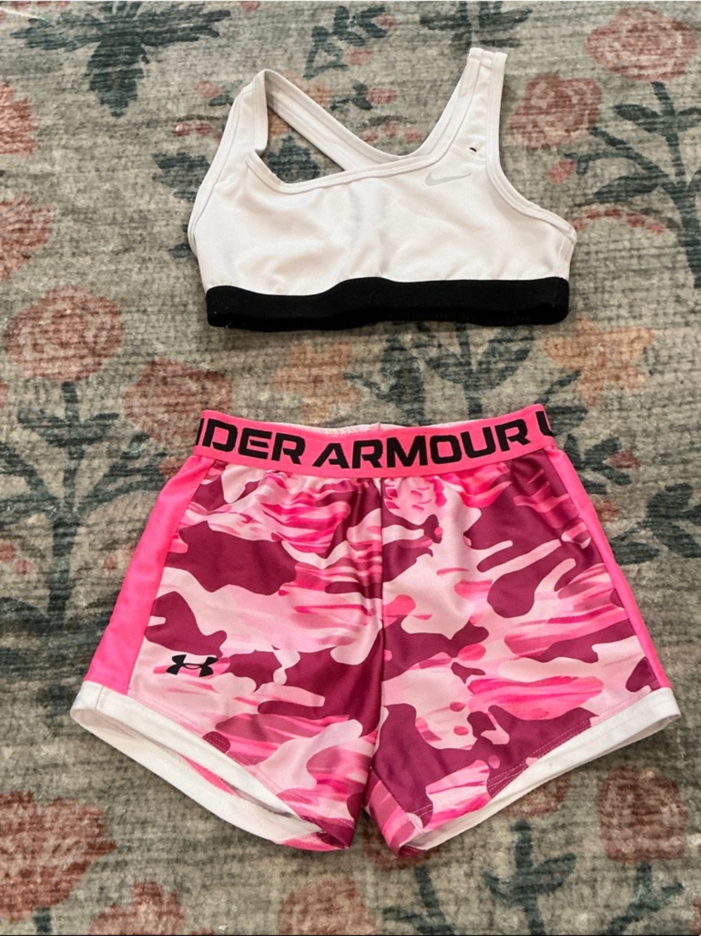Under Armour Pink Camo Athletic Shorts with White & Black Sports Bra